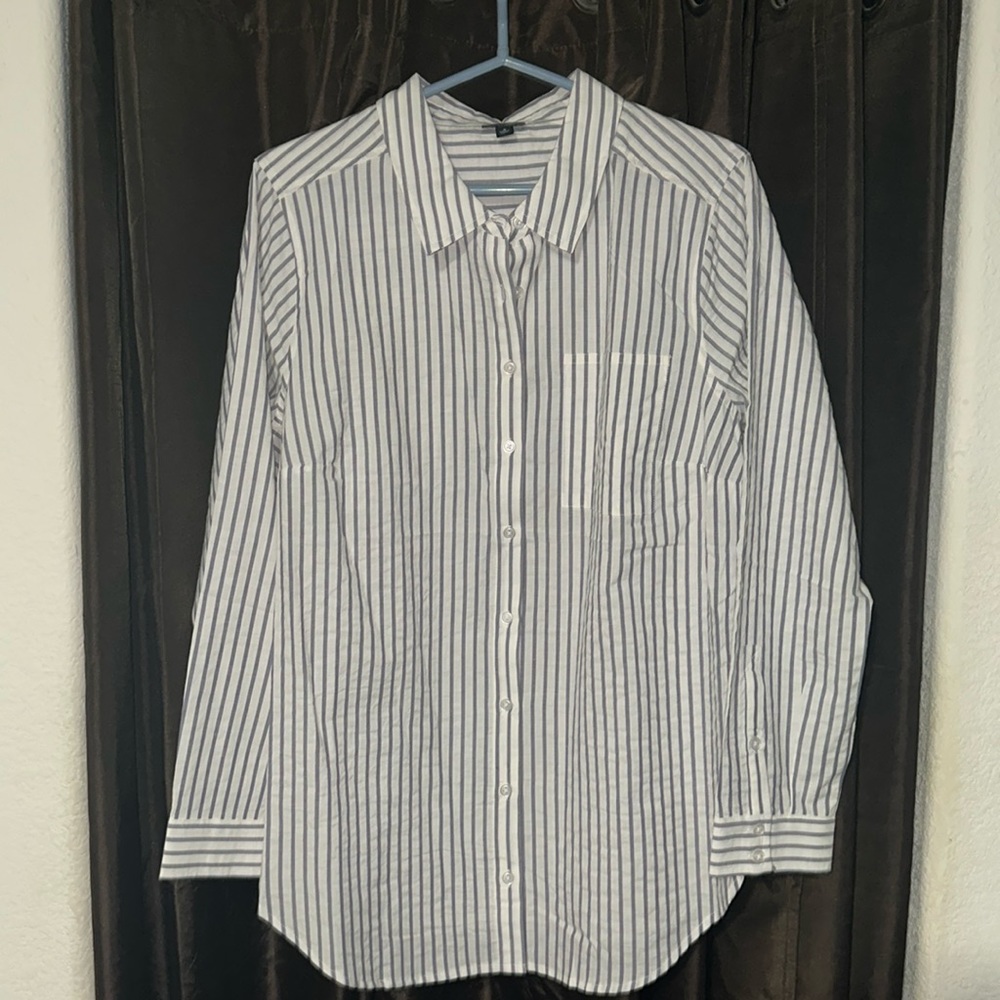 Torrid size 2 button up white and vertical grey striped long sleeve shirt